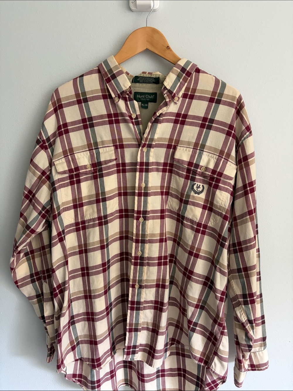 Vintage 90s style Hunt Club Men's Cream and Burgundy Plaid Button-Down Shirt